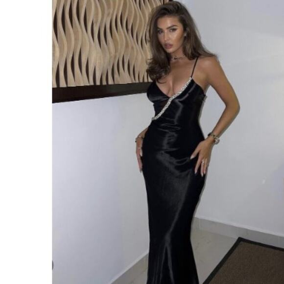 Zara Black Satin Effect Rhinestone Midi Slip Dress Spaghetti Straps Size Small - Picture 2 of 14